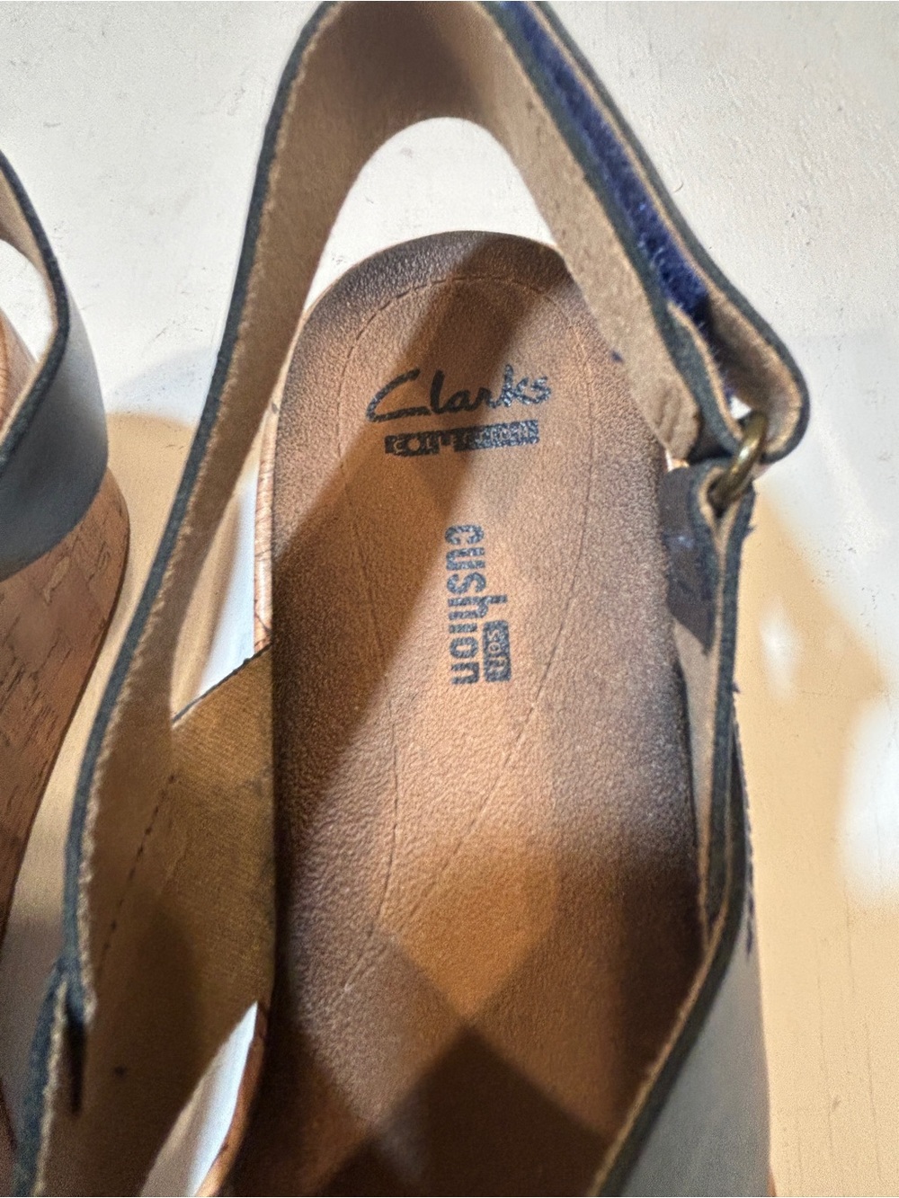 Clarks Collection Cushion Soft Penny Navy Leather Cork Wedge Slingback Size 8 - Picture 6 of 6
